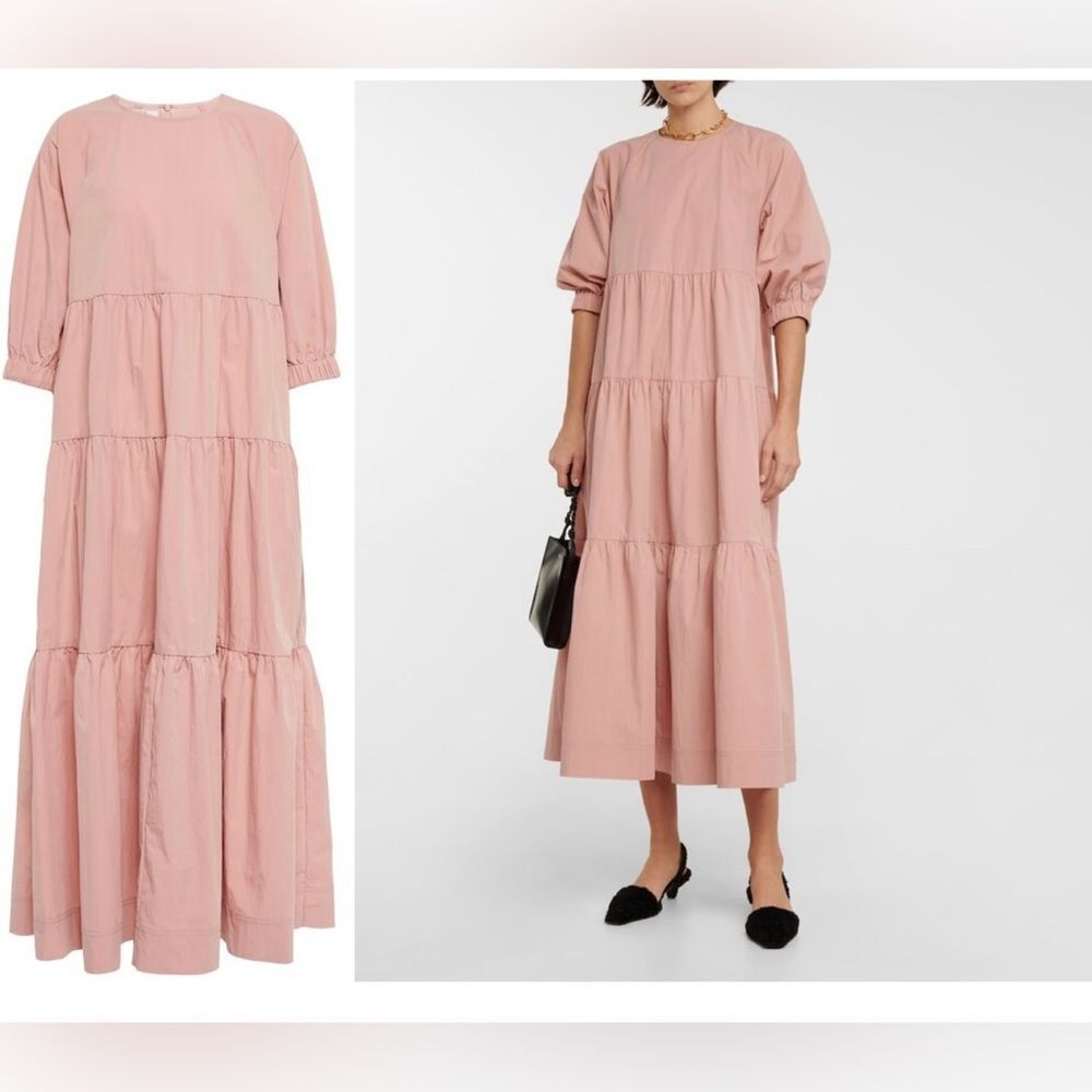 CO Women’s Size Large Dusty Pink Crew Neck Bubble Sleeve Tiered Maxi Dress
